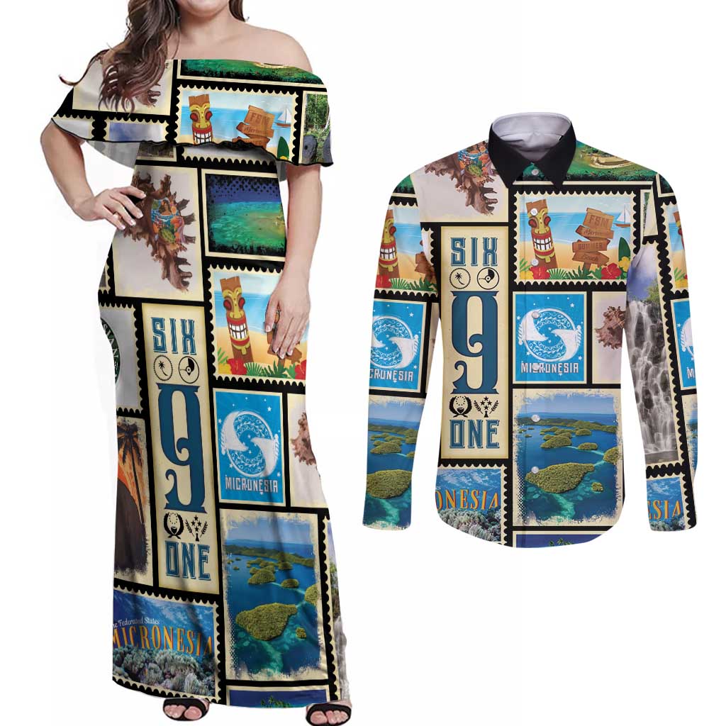 FSM Micronesia Culture Couples Matching Off Shoulder Maxi Dress and Long Sleeve Button Shirt