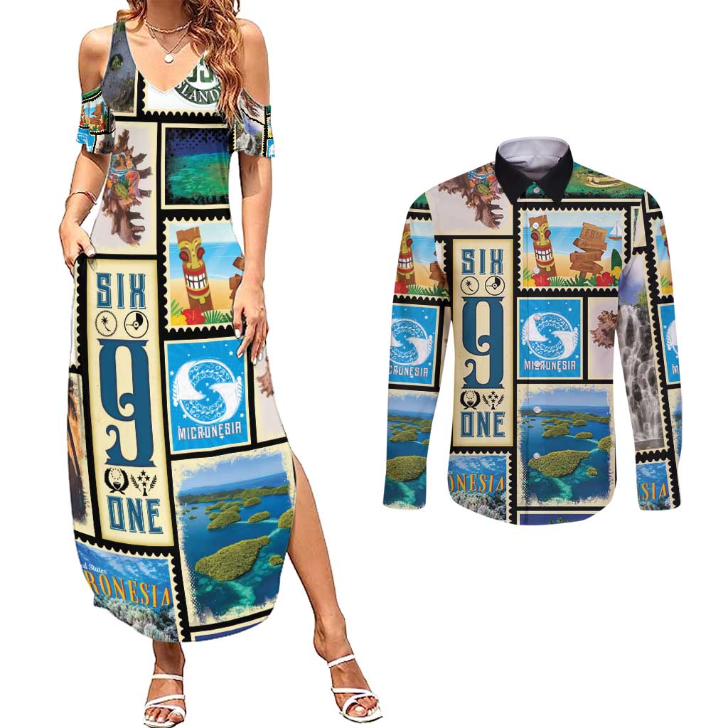 FSM Micronesia Culture Couples Matching Summer Maxi Dress and Long Sleeve Button Shirt