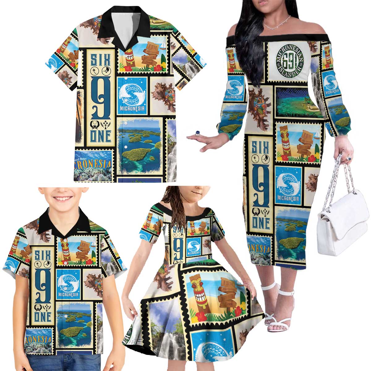 FSM Micronesia Culture Family Matching Off The Shoulder Long Sleeve Dress and Hawaiian Shirt