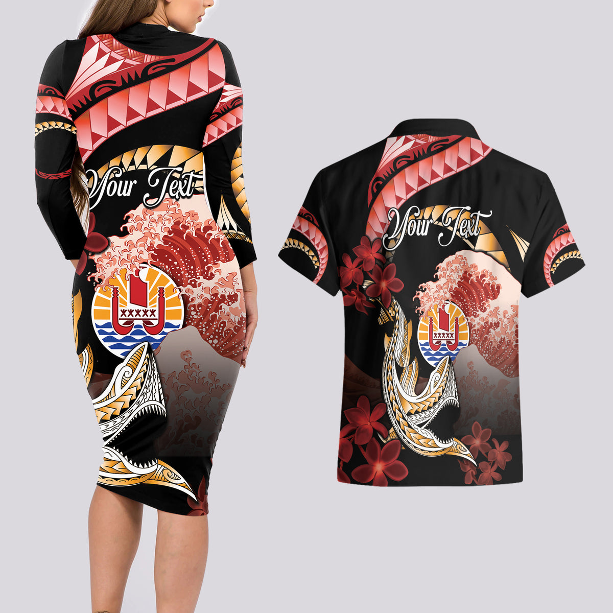 Personalised French Polynesia Victory Day Couples Matching Long Sleeve Bodycon Dress and Hawaiian Shirt Polynesian Pattern Plumeria