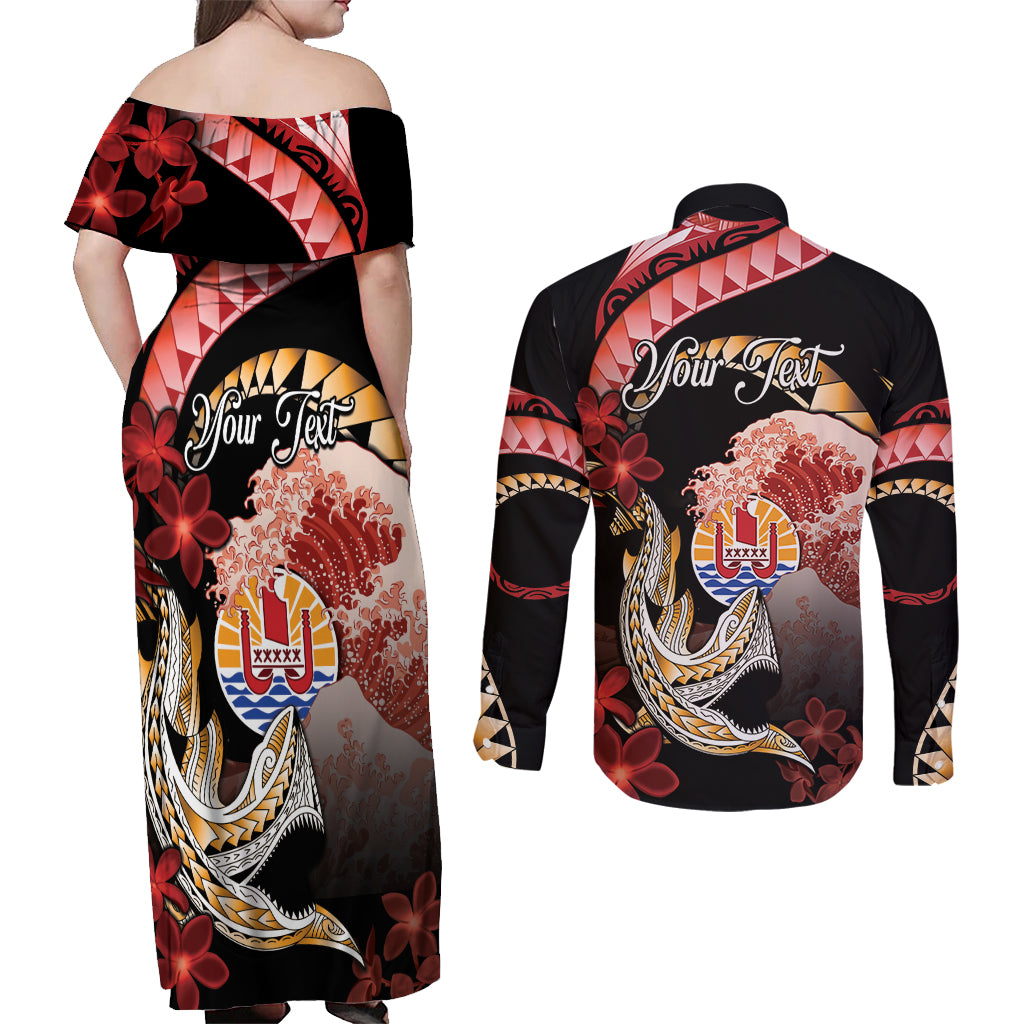 Personalised French Polynesia Victory Day Couples Matching Off Shoulder Maxi Dress and Long Sleeve Button Shirt Polynesian Pattern Plumeria