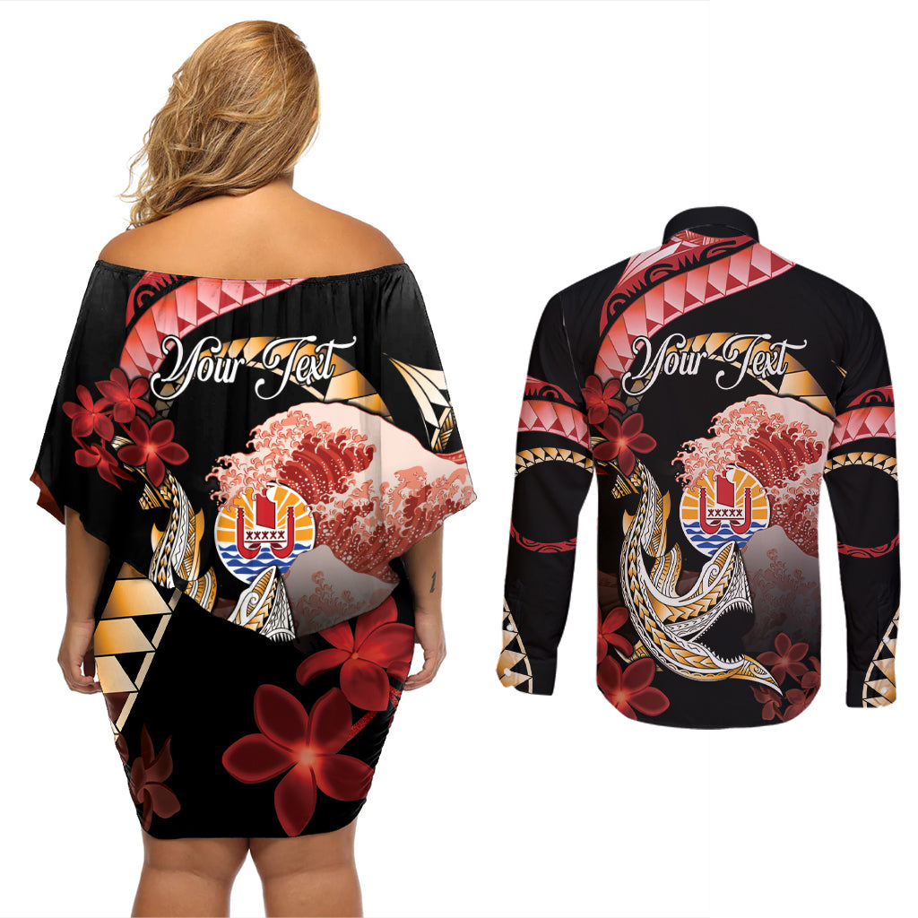 Personalised French Polynesia Victory Day Couples Matching Off Shoulder Short Dress and Long Sleeve Button Shirt Polynesian Pattern Plumeria