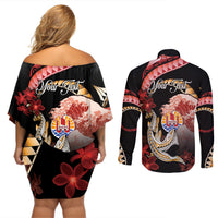 Personalised French Polynesia Victory Day Couples Matching Off Shoulder Short Dress and Long Sleeve Button Shirt Polynesian Pattern Plumeria