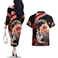 Personalised French Polynesia Victory Day Couples Matching Off The Shoulder Long Sleeve Dress and Hawaiian Shirt Polynesian Pattern Plumeria