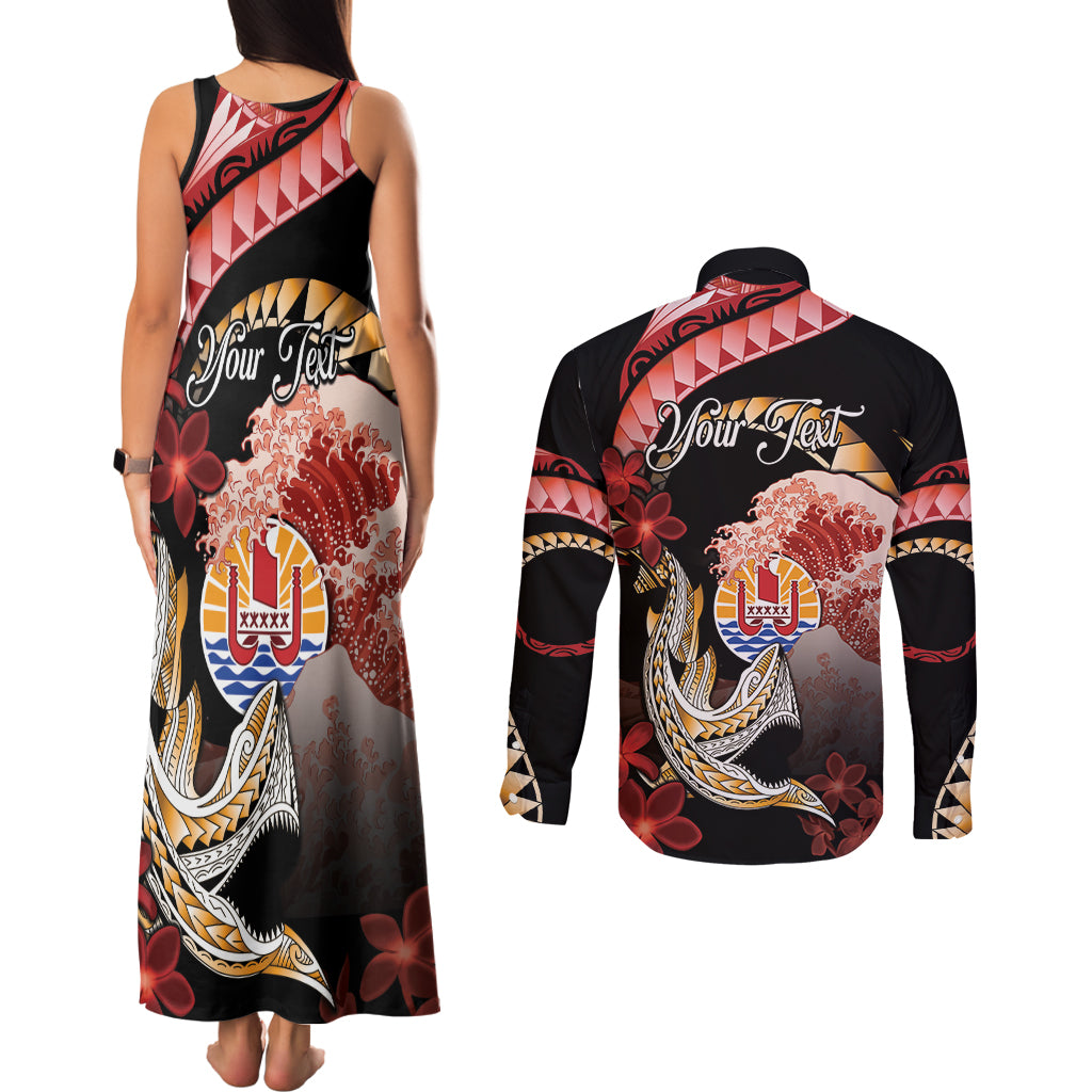 Personalised French Polynesia Victory Day Couples Matching Tank Maxi Dress and Long Sleeve Button Shirt Polynesian Pattern Plumeria