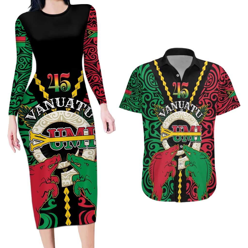 Vanuatu 45th Independence Day Couples Matching Long Sleeve Bodycon Dress and Hawaiian Shirt Long God Yumi Stanap Wild Boar LT05 Black - Polynesian Pride
