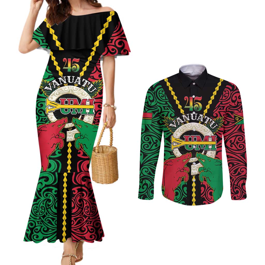 Vanuatu 45th Independence Day Couples Matching Mermaid Dress and Long Sleeve Button Shirt Long God Yumi Stanap Wild Boar LT05