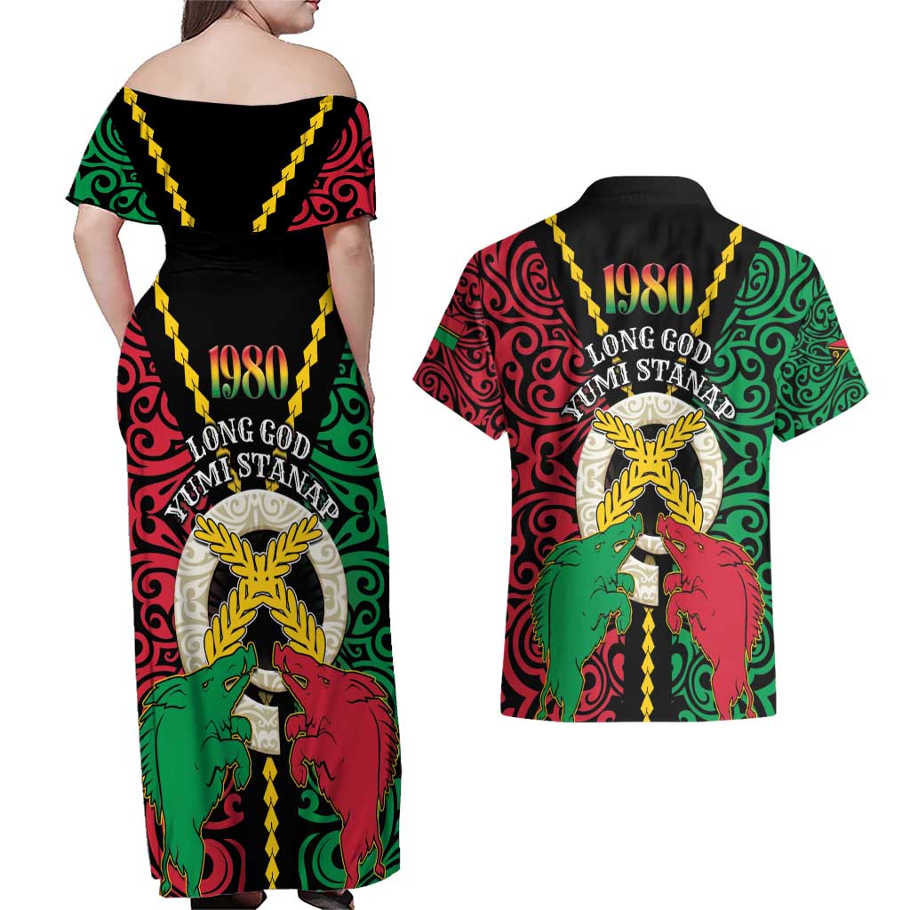 Vanuatu 45th Independence Day Couples Matching Off Shoulder Maxi Dress and Hawaiian Shirt Long God Yumi Stanap Wild Boar LT05
