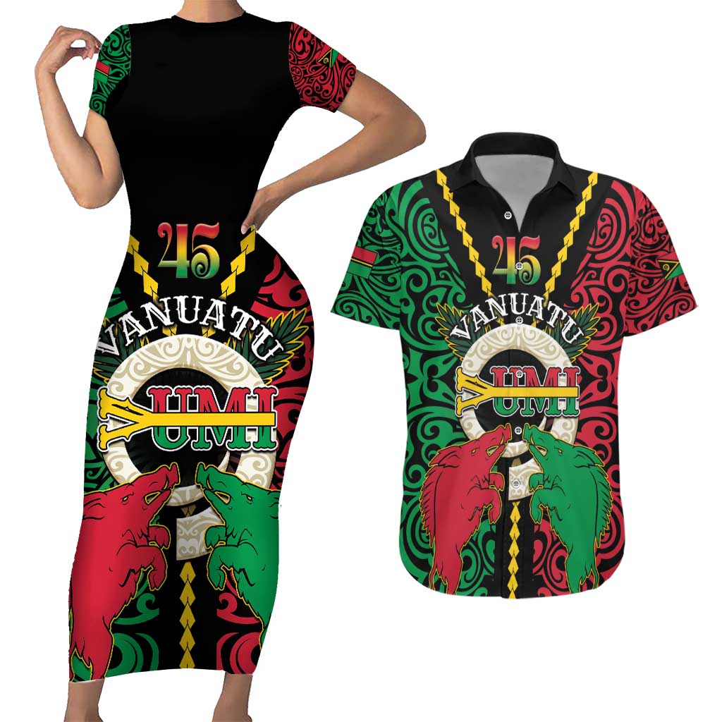 Vanuatu 45th Independence Day Couples Matching Short Sleeve Bodycon Dress and Hawaiian Shirt Long God Yumi Stanap Wild Boar LT05 Black - Polynesian Pride
