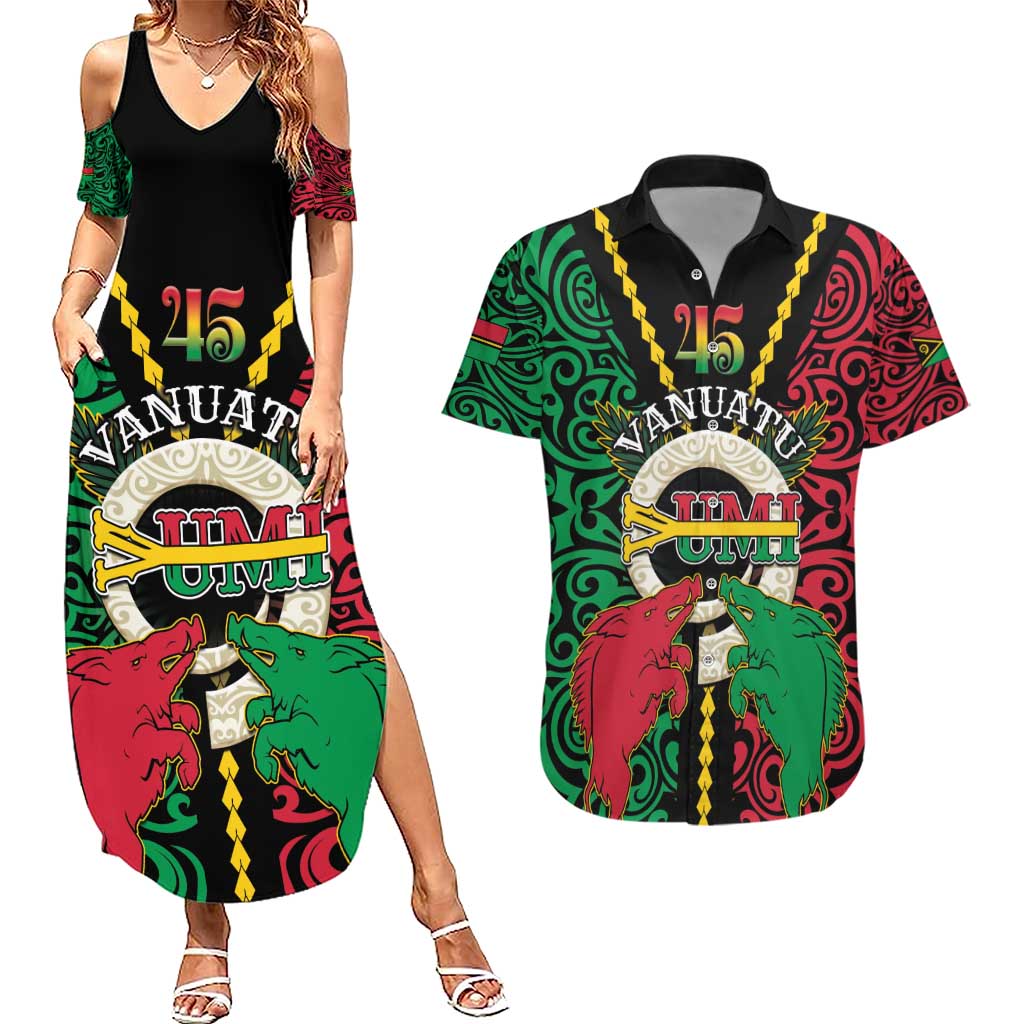 Vanuatu 45th Independence Day Couples Matching Summer Maxi Dress and Hawaiian Shirt Long God Yumi Stanap Wild Boar LT05