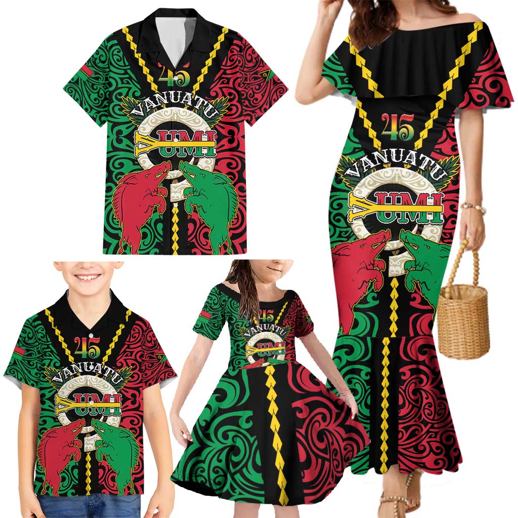 Vanuatu 45th Independence Day Family Matching Mermaid Dress and Hawaiian Shirt Long God Yumi Stanap Wild Boar LT05 - Polynesian Pride