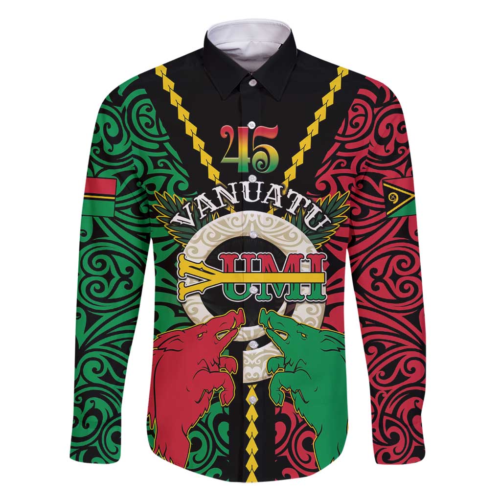 Vanuatu 45th Independence Day Family Matching Mermaid Dress and Hawaiian Shirt Long God Yumi Stanap Wild Boar LT05 Dad's Shirt - Long Sleeve Black - Polynesian Pride