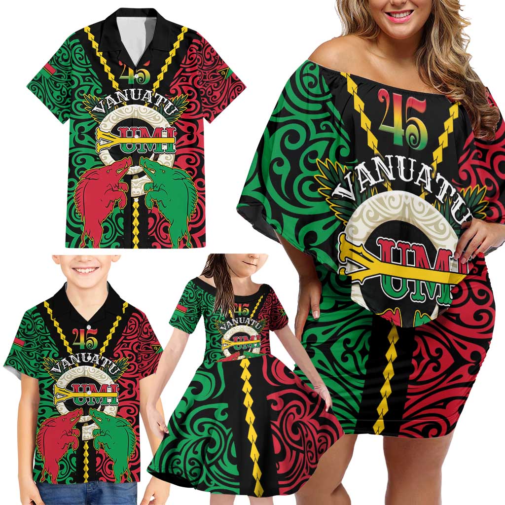 Vanuatu 45th Independence Day Family Matching Off Shoulder Short Dress and Hawaiian Shirt Long God Yumi Stanap Wild Boar LT05
