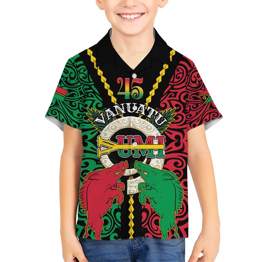 Vanuatu 45th Independence Day Family Matching Short Sleeve Bodycon Dress and Hawaiian Shirt Long God Yumi Stanap Wild Boar LT05 Son's Shirt Black - Polynesian Pride