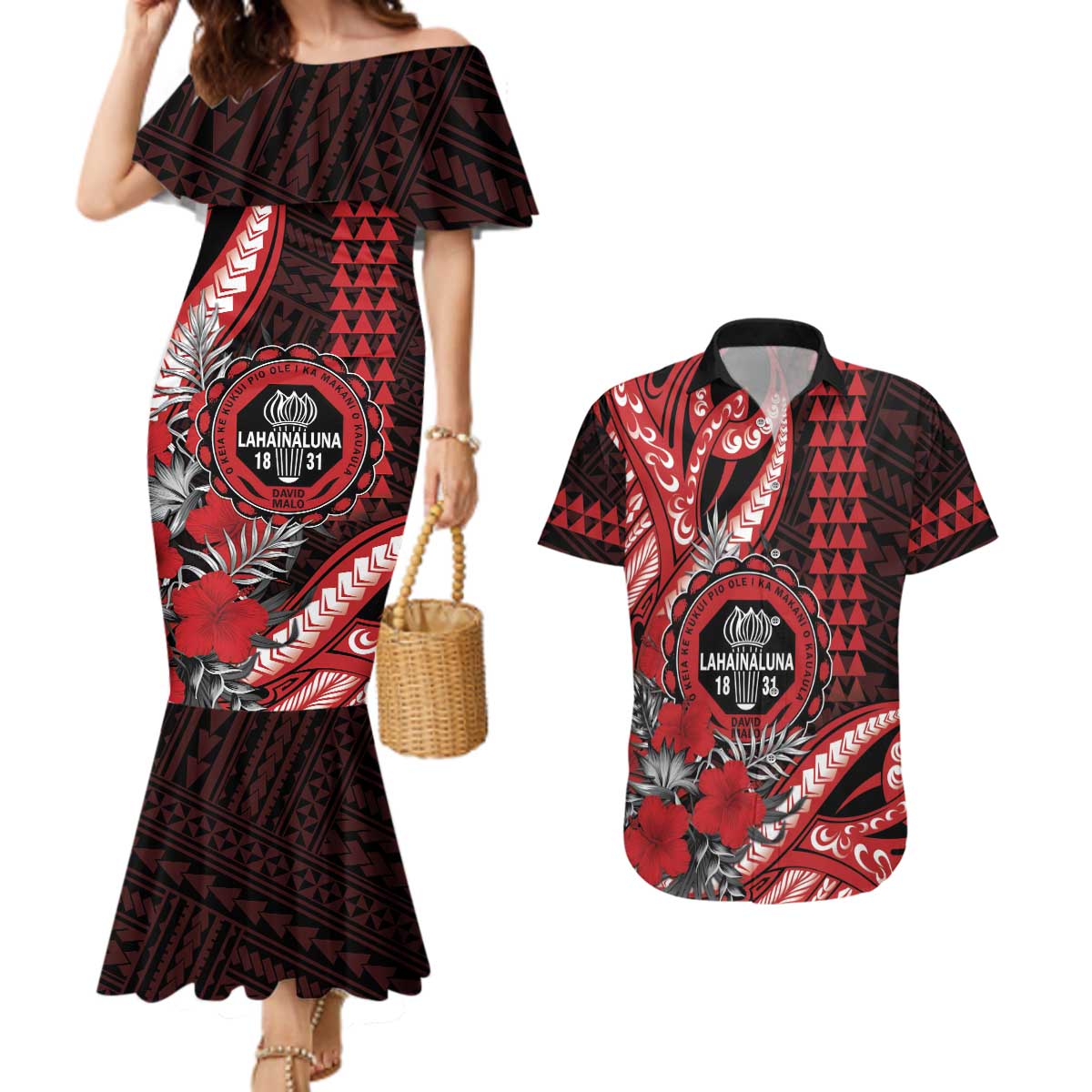 Personalized Hawaii Lahainaluna High School Couples Matching Mermaid Dress and Hawaiian Shirt Tribal Tattoo With Hibiscus Flowers