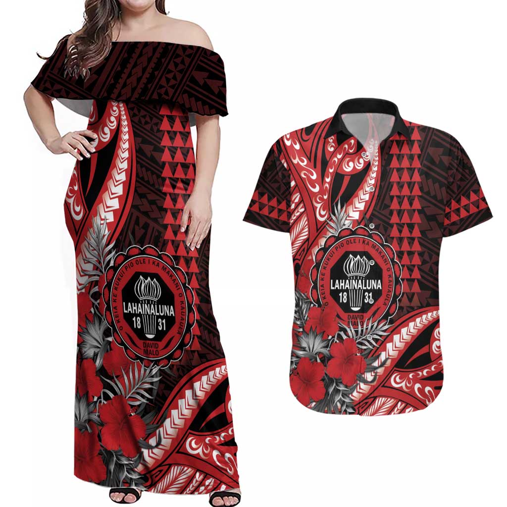 Personalized Hawaii Lahainaluna High School Couples Matching Off Shoulder Maxi Dress and Hawaiian Shirt Tribal Tattoo With Hibiscus Flowers