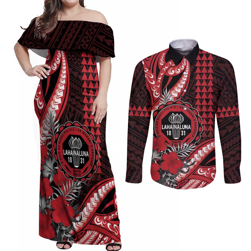 Personalized Hawaii Lahainaluna High School Couples Matching Off Shoulder Maxi Dress and Long Sleeve Button Shirt Tribal Tattoo With Hibiscus Flowers