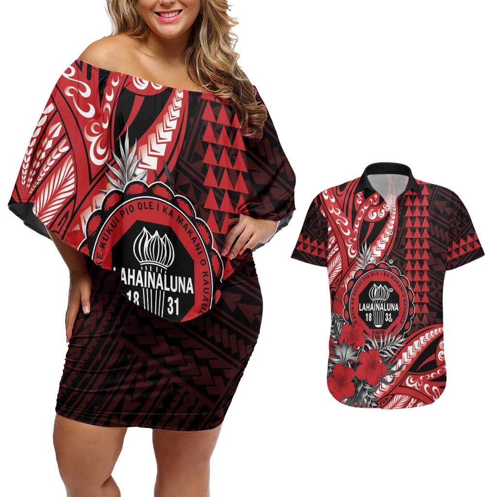Personalized Hawaii Lahainaluna High School Couples Matching Off Shoulder Short Dress and Hawaiian Shirt Tribal Tattoo With Hibiscus Flowers