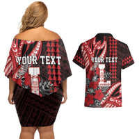 Personalized Hawaii Lahainaluna High School Couples Matching Off Shoulder Short Dress and Hawaiian Shirt Tribal Tattoo With Hibiscus Flowers LT05 - Polynesian Pride