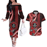 Personalized Hawaii Lahainaluna High School Couples Matching Off The Shoulder Long Sleeve Dress and Hawaiian Shirt Tribal Tattoo With Hibiscus Flowers LT05 Red - Polynesian Pride