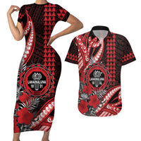 Personalized Hawaii Lahainaluna High School Couples Matching Short Sleeve Bodycon Dress and Hawaiian Shirt Tribal Tattoo With Hibiscus Flowers LT05 Red - Polynesian Pride