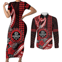 Personalized Hawaii Lahainaluna High School Couples Matching Short Sleeve Bodycon Dress and Long Sleeve Button Shirt Tribal Tattoo With Hibiscus Flowers LT05 Red - Polynesian Pride