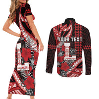 Personalized Hawaii Lahainaluna High School Couples Matching Short Sleeve Bodycon Dress and Long Sleeve Button Shirt Tribal Tattoo With Hibiscus Flowers LT05 - Polynesian Pride