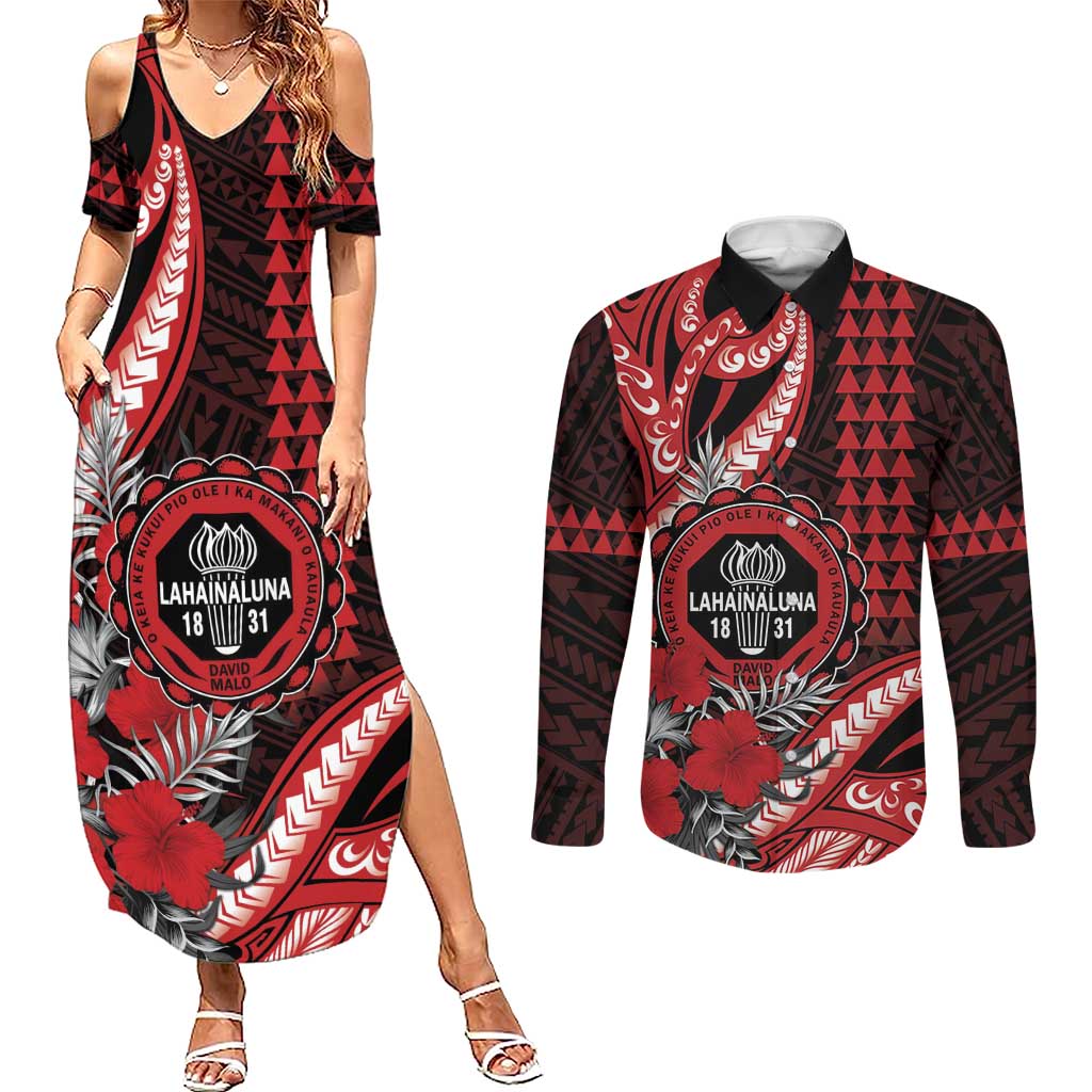 Personalized Hawaii Lahainaluna High School Couples Matching Summer Maxi Dress and Long Sleeve Button Shirt Tribal Tattoo With Hibiscus Flowers LT05 Red - Polynesian Pride