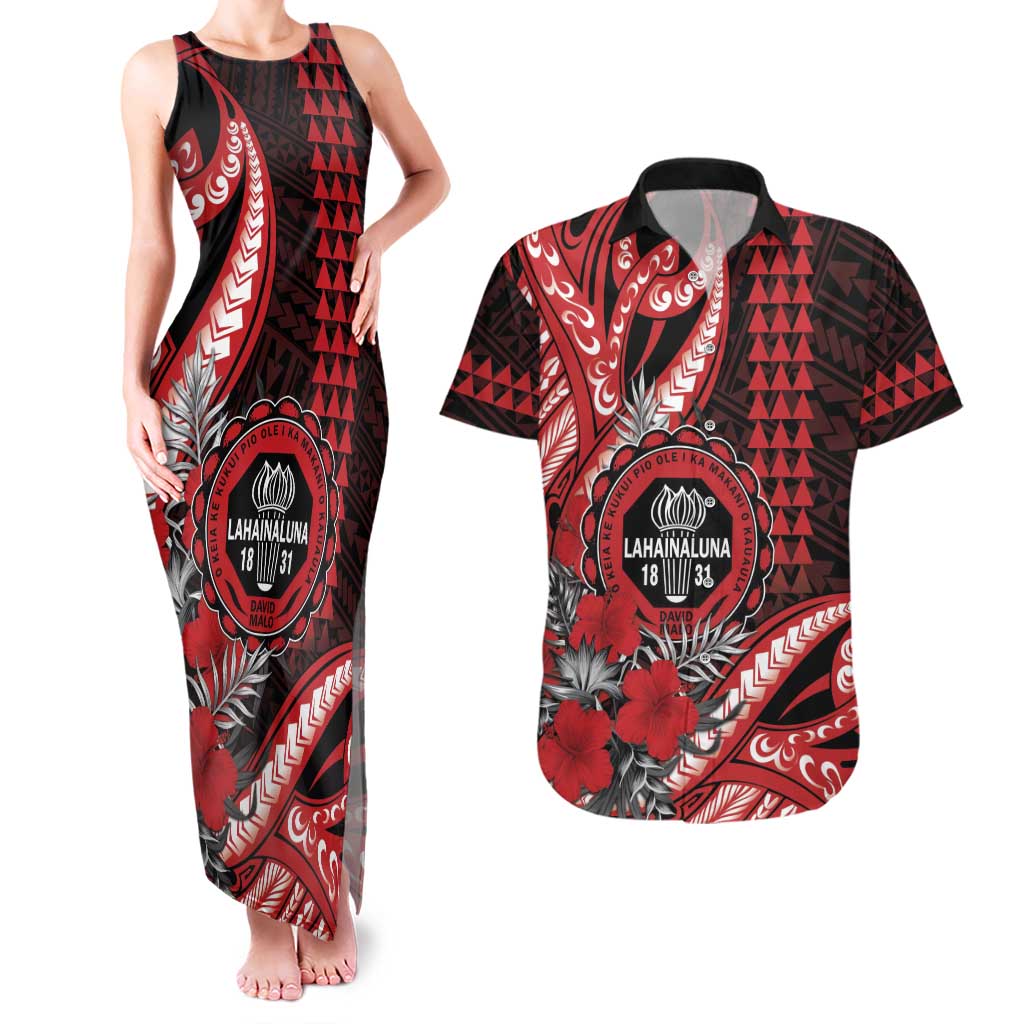 Personalized Hawaii Lahainaluna High School Couples Matching Tank Maxi Dress and Hawaiian Shirt Tribal Tattoo With Hibiscus Flowers