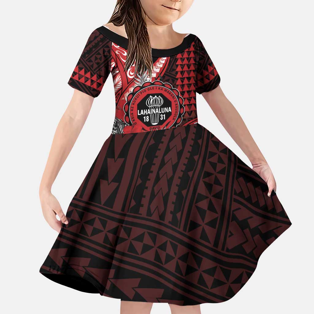 Personalized Hawaii Lahainaluna High School Family Matching Mermaid Dress and Hawaiian Shirt Tribal Tattoo With Hibiscus Flowers LT05 Daughter's Dress Red - Polynesian Pride