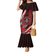 Personalized Hawaii Lahainaluna High School Family Matching Mermaid Dress and Hawaiian Shirt Tribal Tattoo With Hibiscus Flowers LT05 Mom's Dress Red - Polynesian Pride