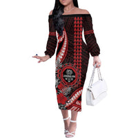 Personalized Hawaii Lahainaluna High School Family Matching Off The Shoulder Long Sleeve Dress and Hawaiian Shirt Tribal Tattoo With Hibiscus Flowers LT05 Mom's Dress Red - Polynesian Pride
