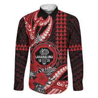 Personalized Hawaii Lahainaluna High School Family Matching Off Shoulder Maxi Dress and Hawaiian Shirt Tribal Tattoo With Hibiscus Flowers LT05 Dad's Shirt - Long Sleeve Red - Polynesian Pride