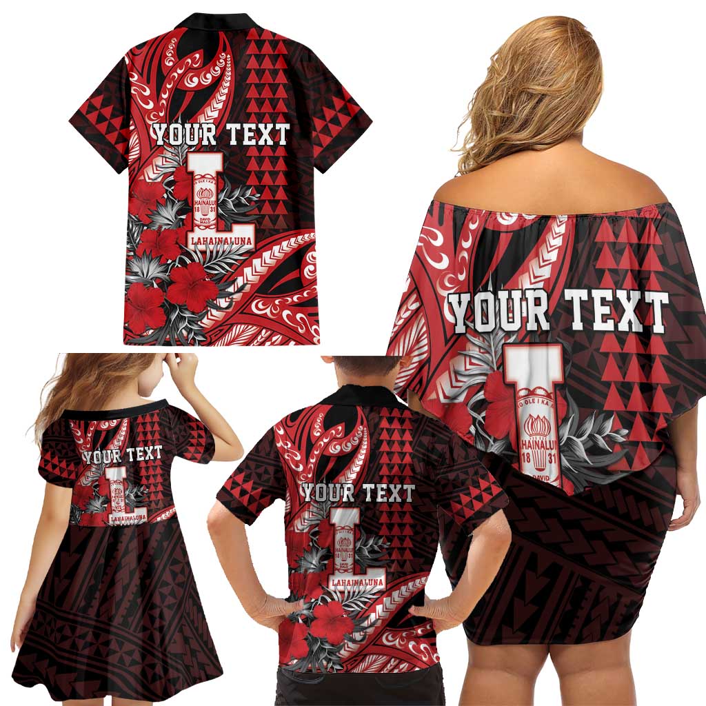 Personalized Hawaii Lahainaluna High School Family Matching Off Shoulder Short Dress and Hawaiian Shirt Tribal Tattoo With Hibiscus Flowers LT05 - Polynesian Pride