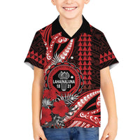 Personalized Hawaii Lahainaluna High School Family Matching Off Shoulder Short Dress and Hawaiian Shirt Tribal Tattoo With Hibiscus Flowers LT05 Son's Shirt Red - Polynesian Pride