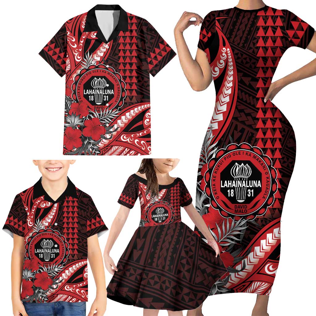 Personalized Hawaii Lahainaluna High School Family Matching Short Sleeve Bodycon Dress and Hawaiian Shirt Tribal Tattoo With Hibiscus Flowers LT05 - Polynesian Pride
