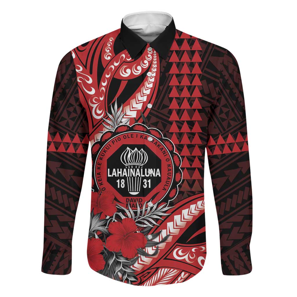 Personalized Hawaii Lahainaluna High School Family Matching Short Sleeve Bodycon Dress and Hawaiian Shirt Tribal Tattoo With Hibiscus Flowers LT05 Dad's Shirt - Long Sleeve Red - Polynesian Pride