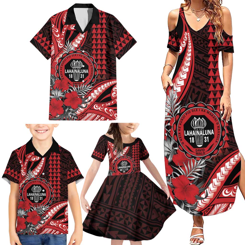 Personalized Hawaii Lahainaluna High School Family Matching Summer Maxi Dress and Hawaiian Shirt Tribal Tattoo With Hibiscus Flowers