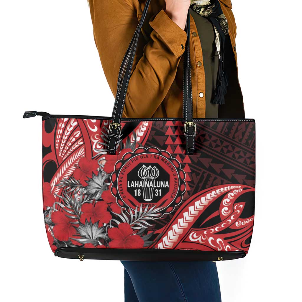 Hawaii Lahainaluna High School Leather Tote Bag Tribal Tattoo With Hibiscus Flowers