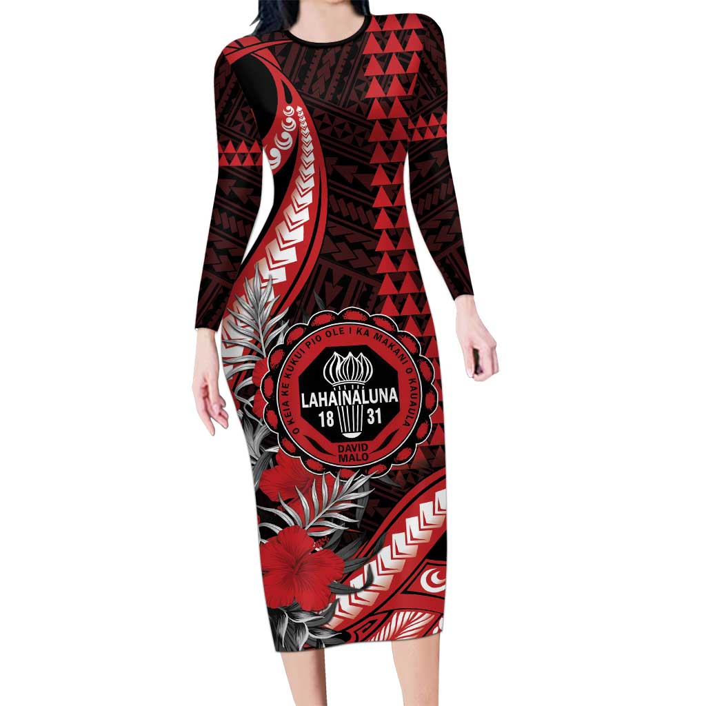 Personalized Hawaii Lahainaluna High School Long Sleeve Bodycon Dress Tribal Tattoo With Hibiscus Flowers