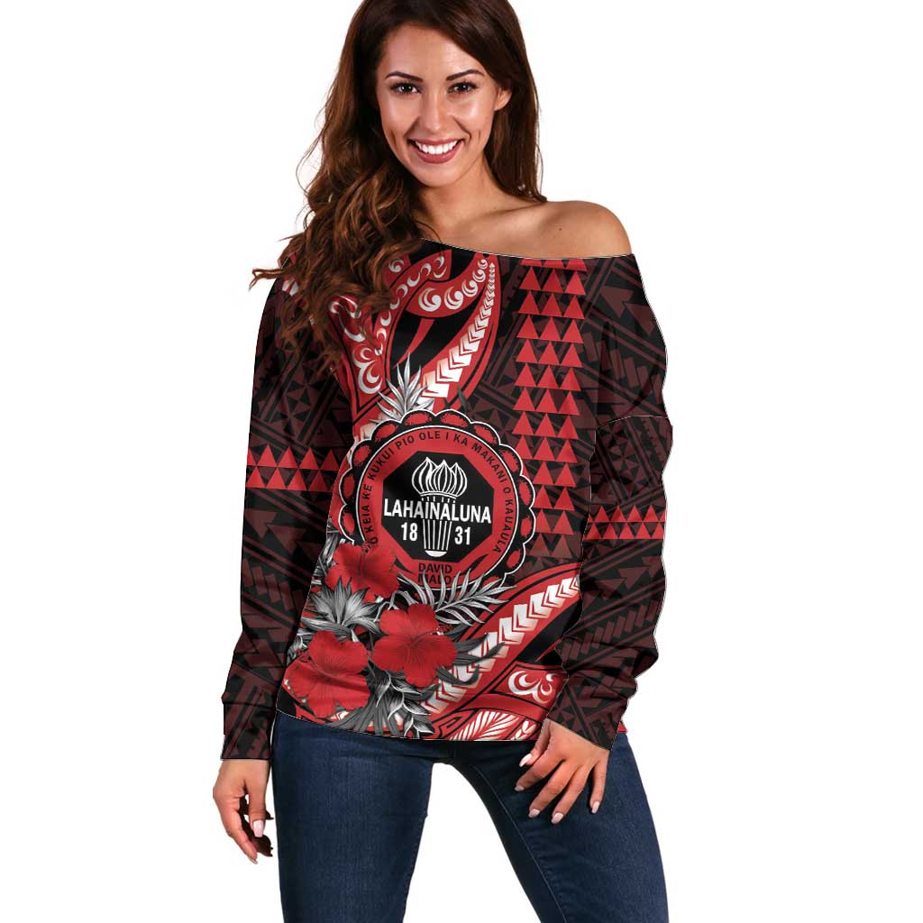 Personalized Hawaii Lahainaluna High School Off Shoulder Sweater Tribal Tattoo With Hibiscus Flowers