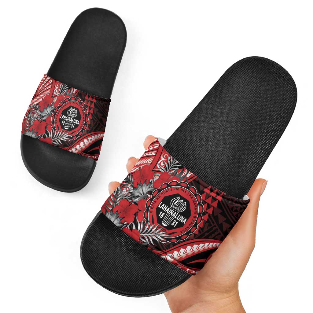 Hawaii Lahainaluna High School Slide Sandals Tribal Tattoo With Hibiscus Flowers