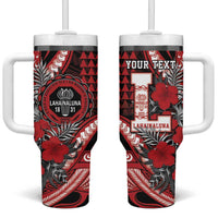 Personalized Hawaii Lahainaluna High School Tumbler With Handle Tribal Tattoo With Hibiscus Flowers