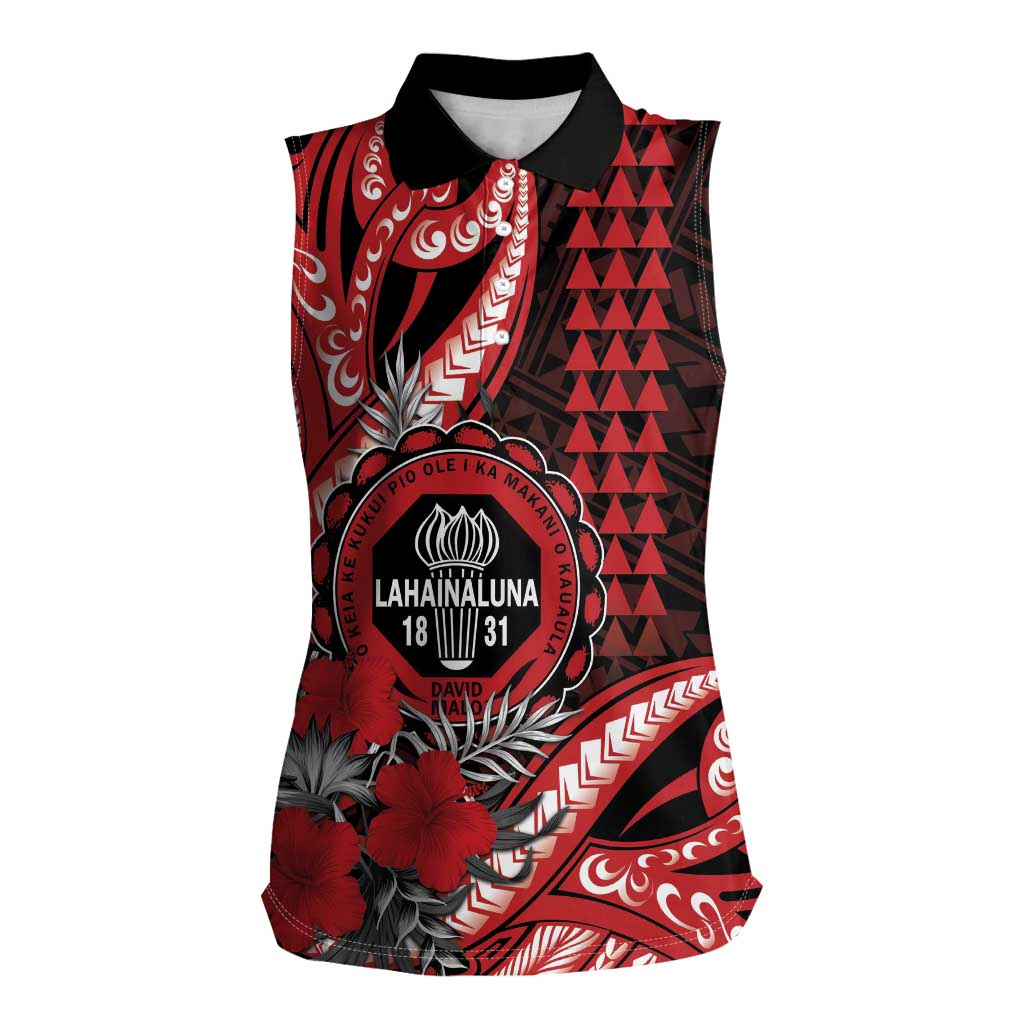 Personalized Hawaii Lahainaluna High School Women Sleeveless Polo Shirt Tribal Tattoo With Hibiscus Flowers LT05 Female Red - Polynesian Pride