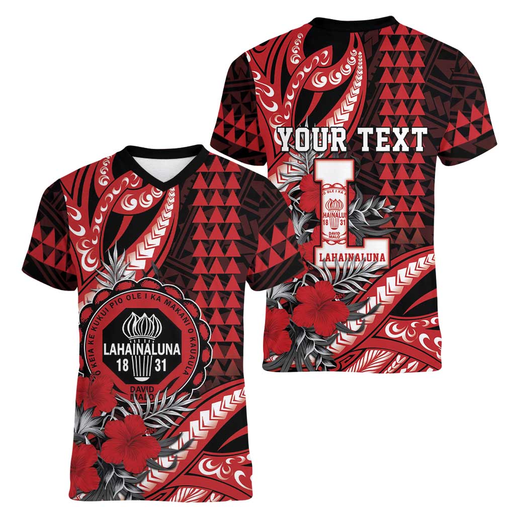 Personalized Hawaii Lahainaluna High School Women V-Neck T-Shirt Tribal Tattoo With Hibiscus Flowers LT05 - Polynesian Pride