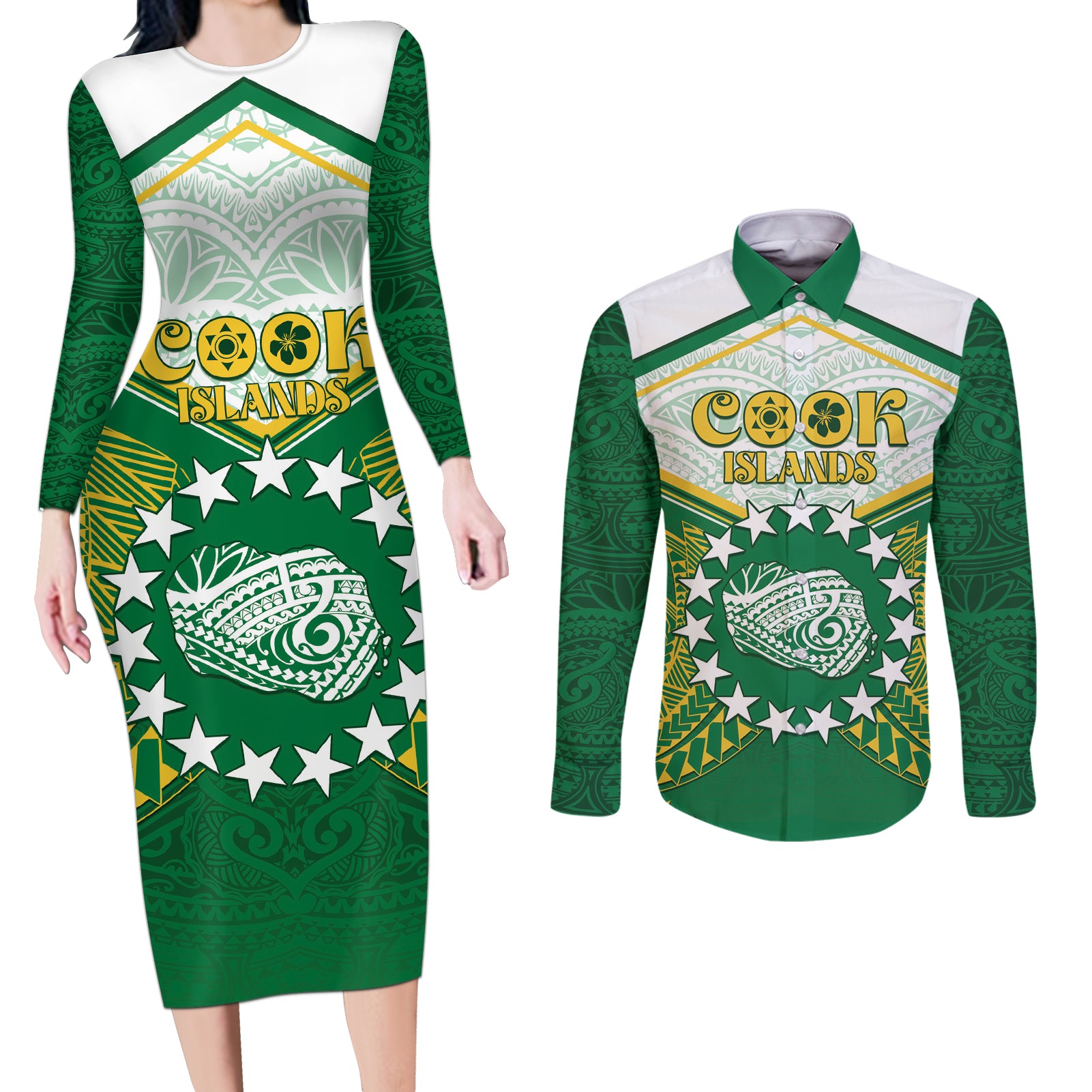 Personalised Cook Islands Ra o te Ui Ariki Couples Matching Long Sleeve Bodycon Dress and Long Sleeve Button Shirt Polynesian Pattern