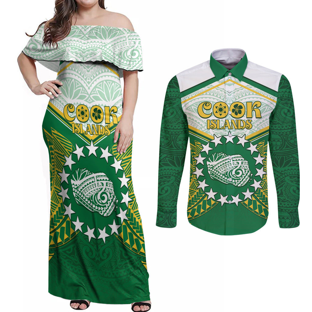 Personalised Cook Islands Ra o te Ui Ariki Couples Matching Off Shoulder Maxi Dress and Long Sleeve Button Shirt Polynesian Pattern