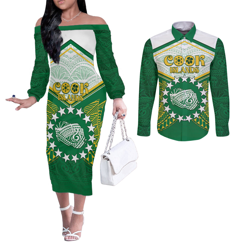 Personalised Cook Islands Ra o te Ui Ariki Couples Matching Off The Shoulder Long Sleeve Dress and Long Sleeve Button Shirt Polynesian Pattern