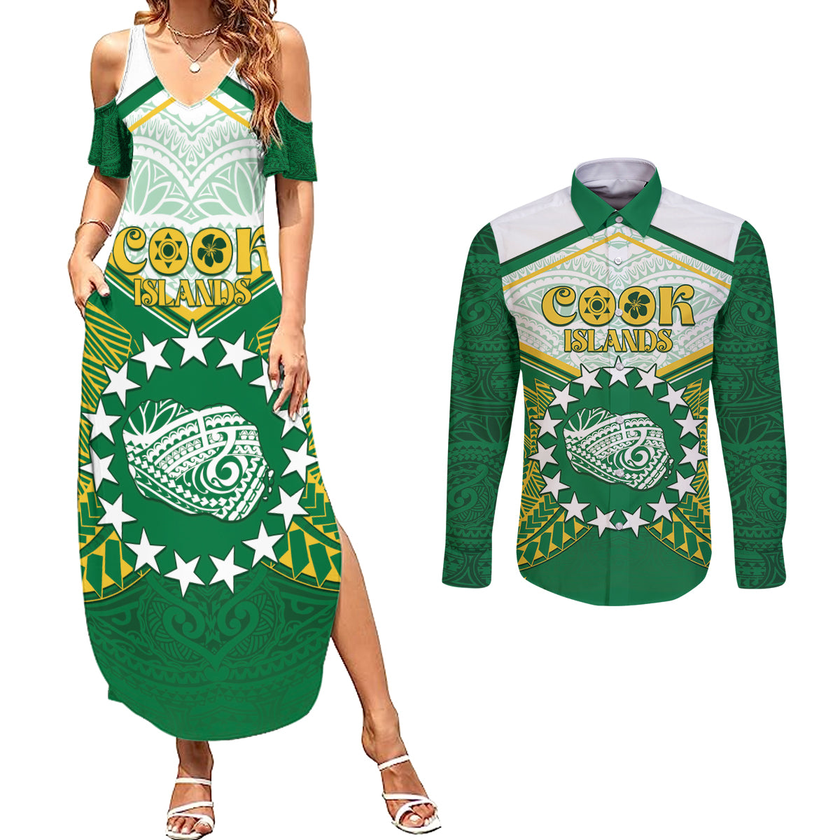 Personalised Cook Islands Ra o te Ui Ariki Couples Matching Summer Maxi Dress and Long Sleeve Button Shirt Polynesian Pattern