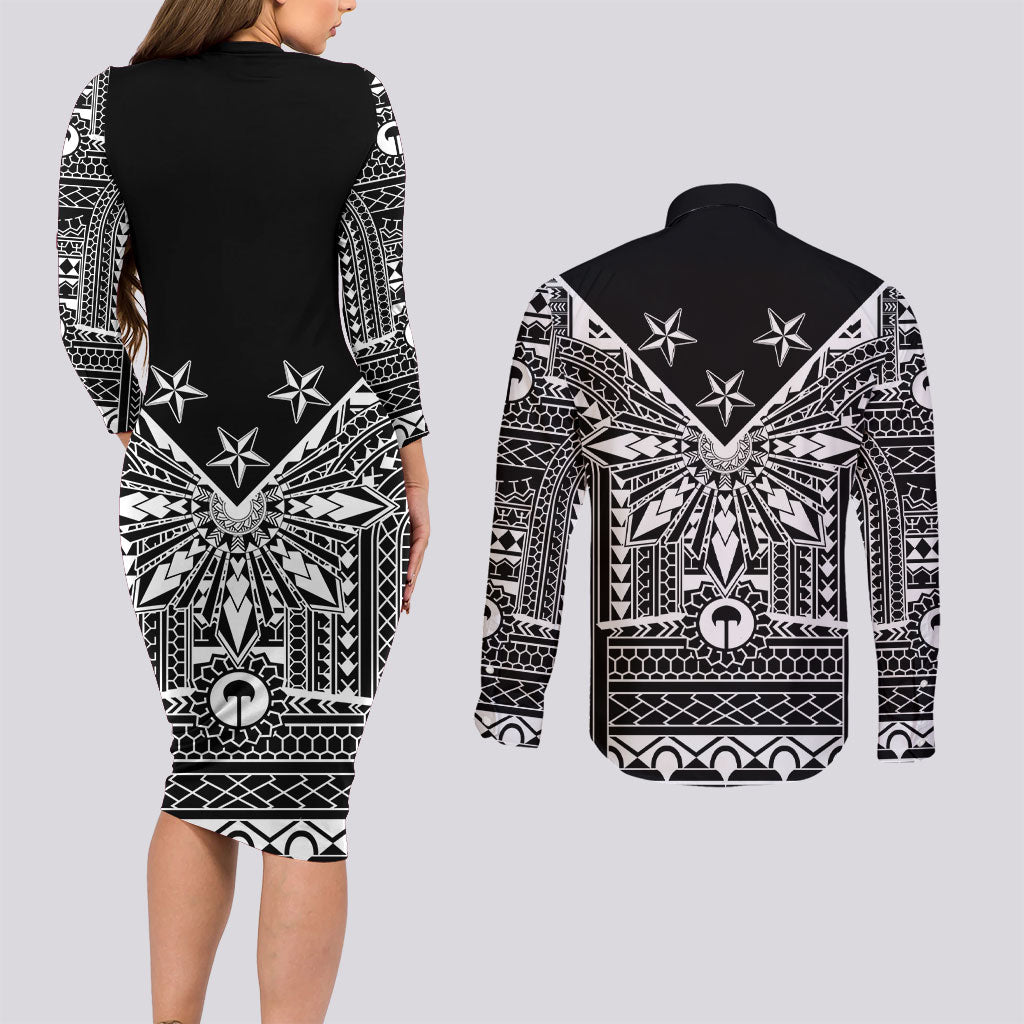 Black Philippines Sun Star Couples Matching Long Sleeve Bodycon Dress and Long Sleeve Button Shirt Igorot Tribal Inspiration